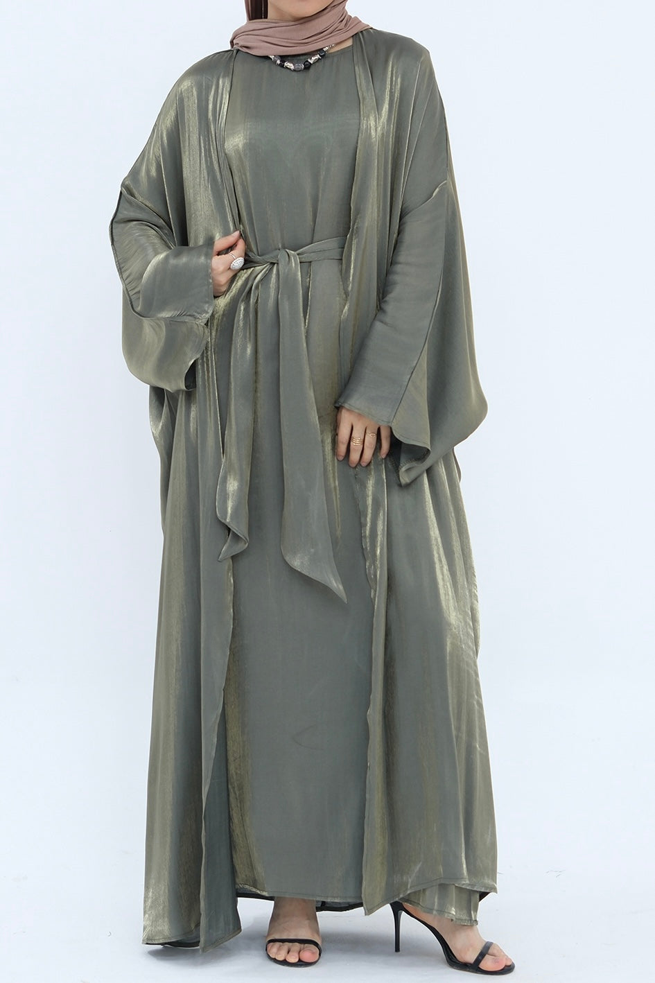 Sania Metallic Shimmer Modest Abaya Set 808 -Army Green