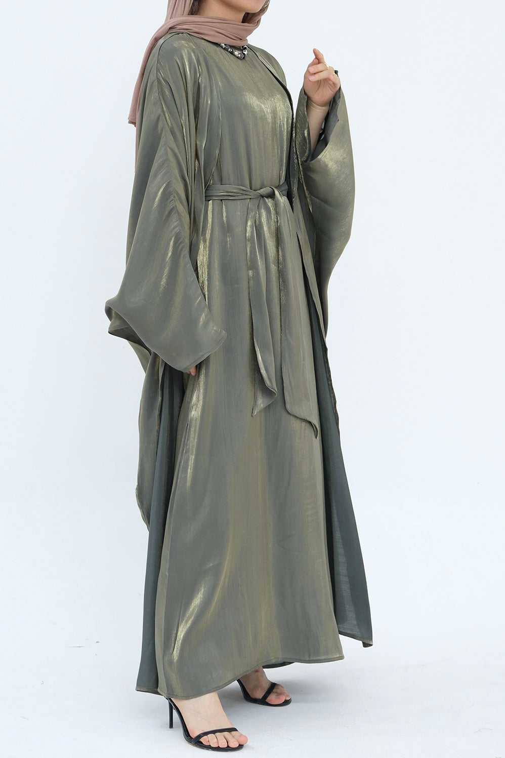 Sania Metallic Shimmer Modest Abaya Set 808 -Army Green