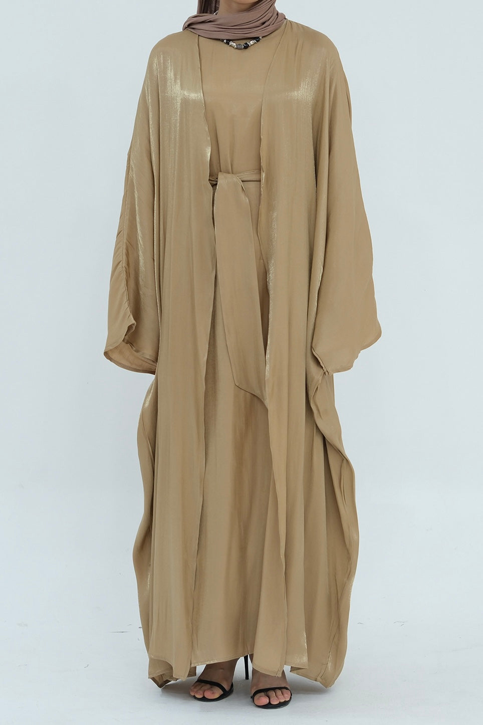 Sania Metallic Shimmer Modest Abaya Set 808 - Khaki