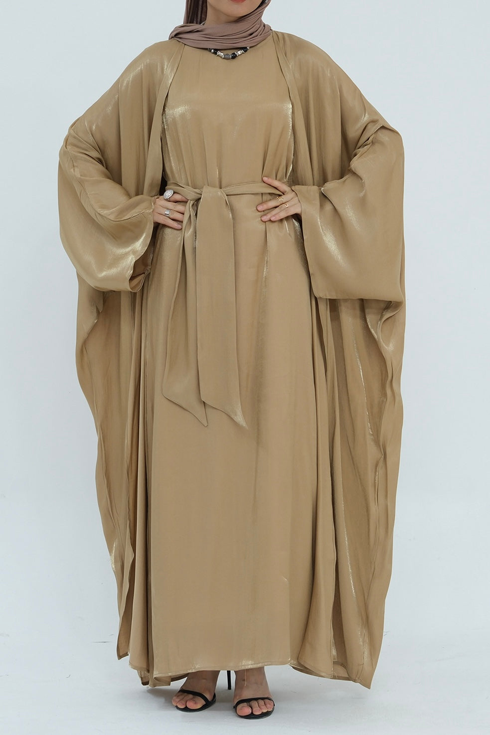 Sania Metallic Shimmer Modest Abaya Set 808 - Khaki