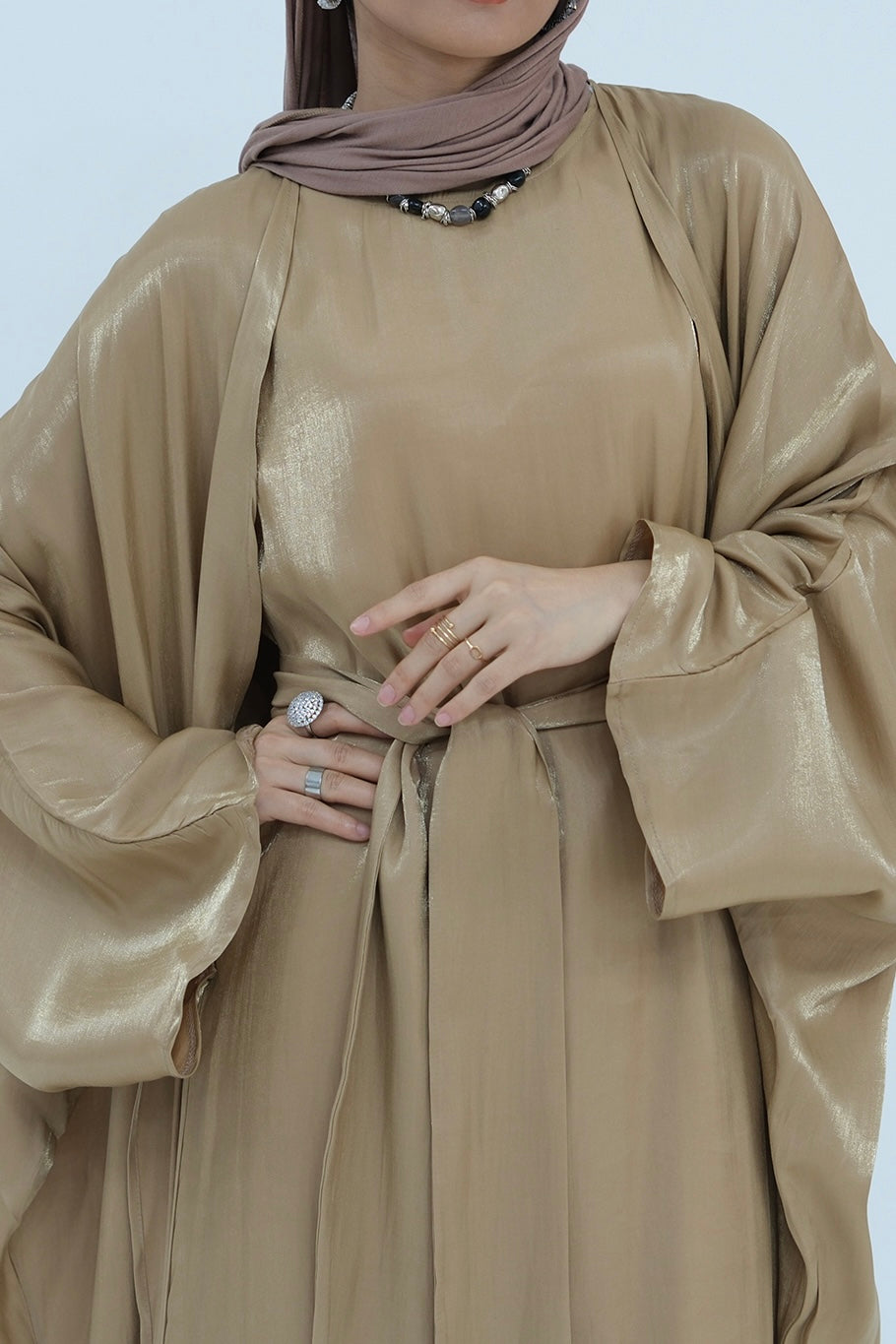 Sania Metallic Shimmer Modest Abaya Set 808 - Khaki