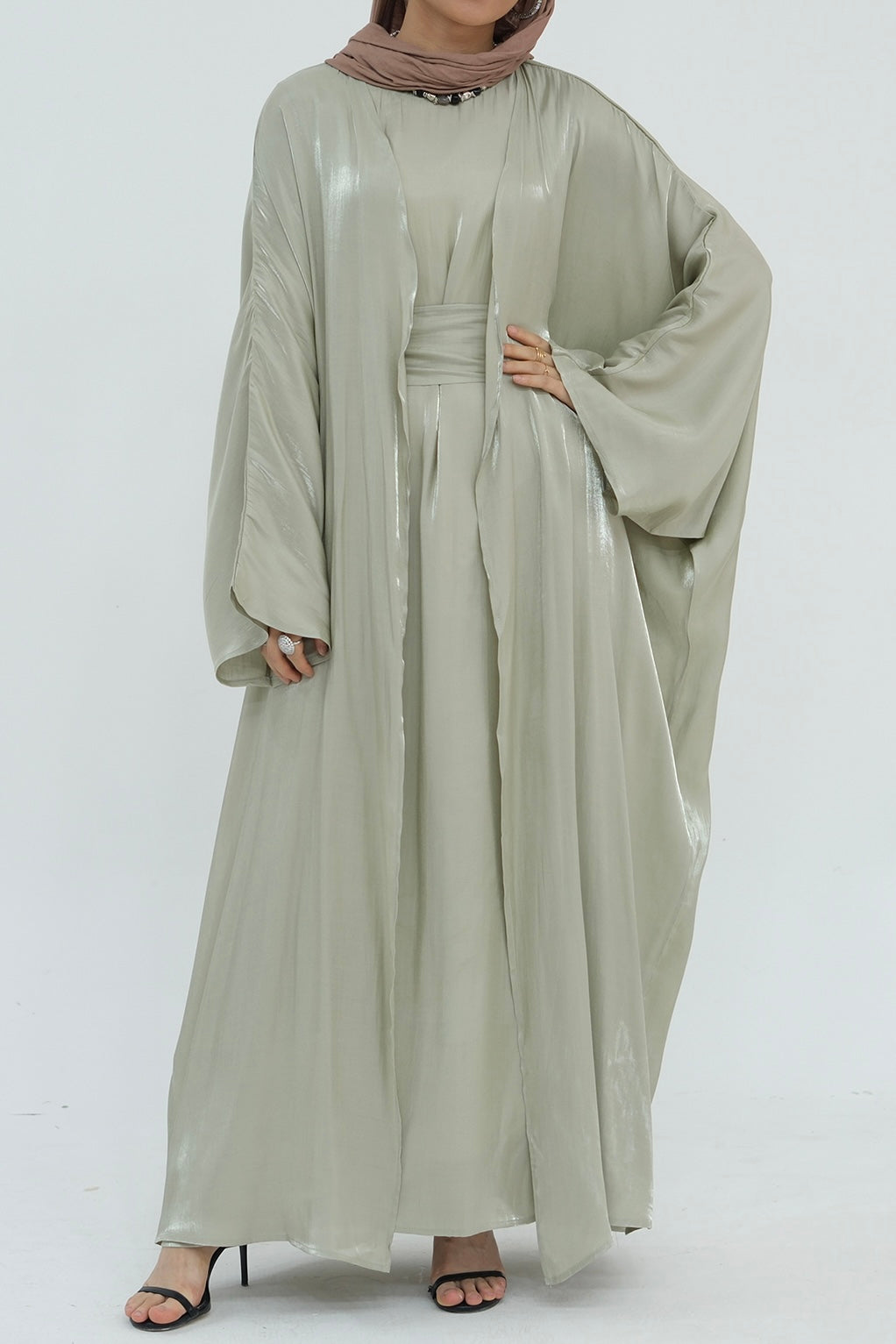 Sania Metallic Shimmer Modest Abaya Set 808 - Light Green