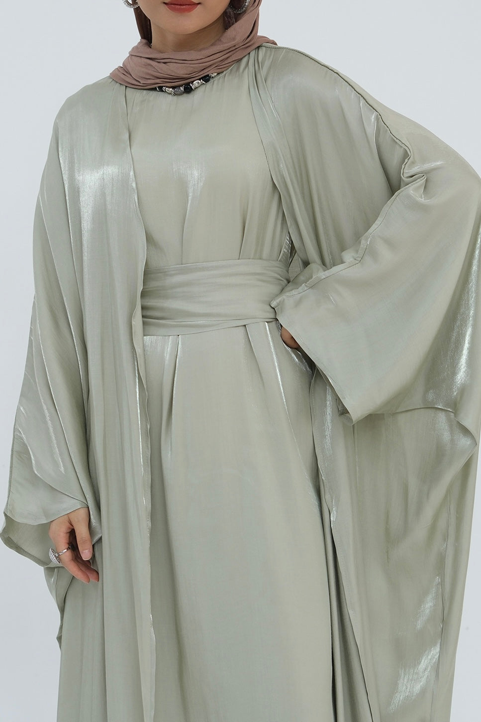 Sania Metallic Shimmer Modest Abaya Set 808 - Light Green