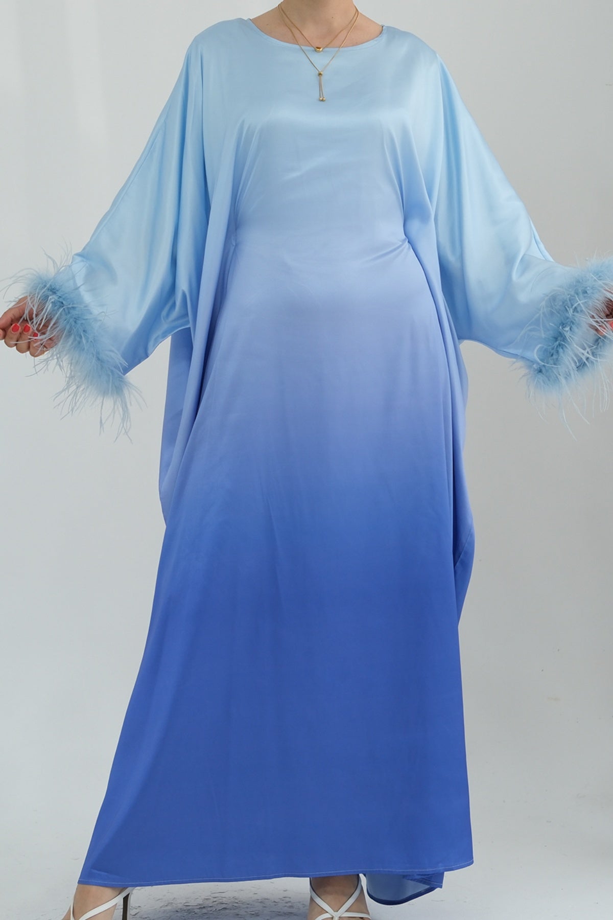 HANAN Feather-Embellished Gradient Kaftan Batwing Abaya 812 - Blue