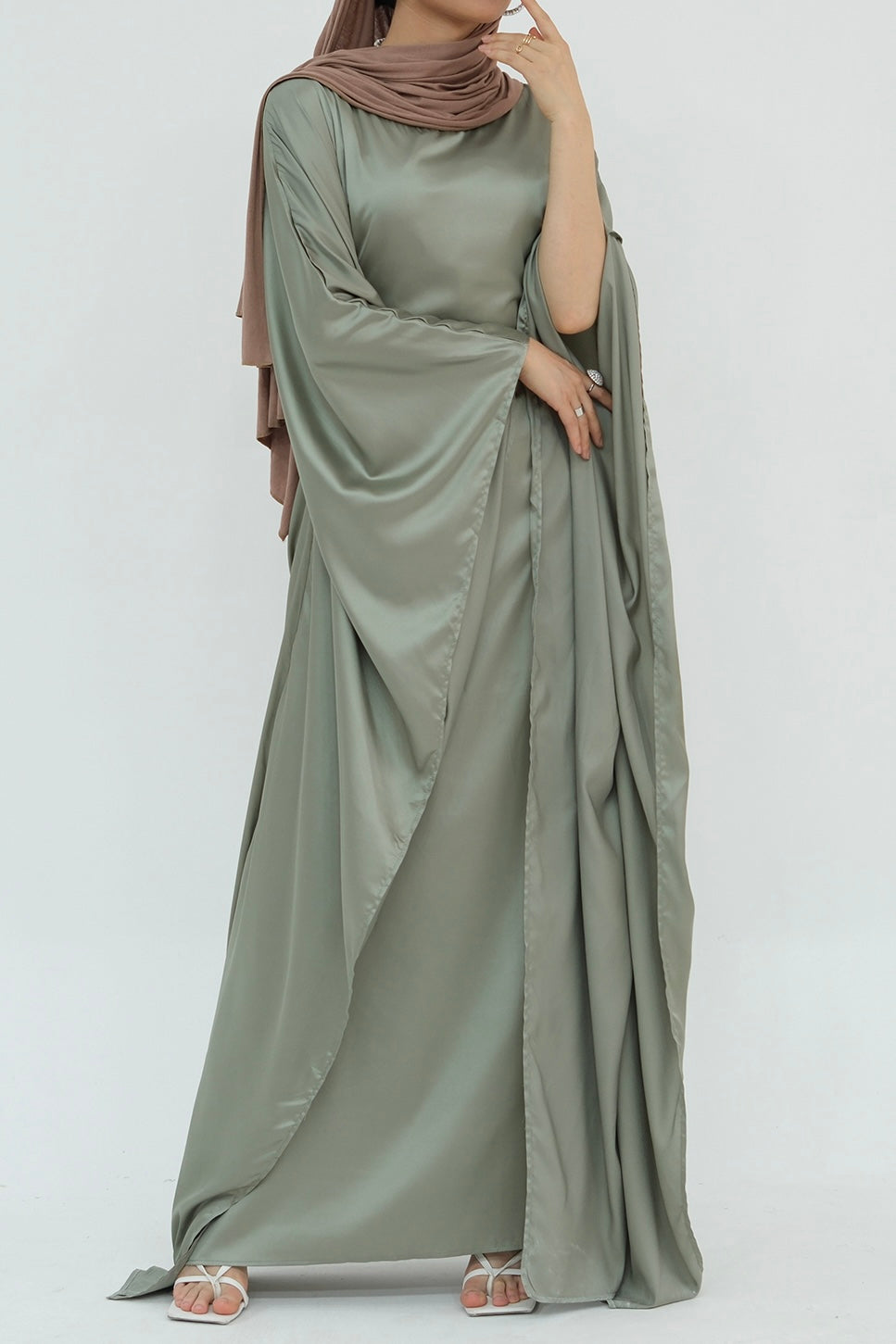 Isra Satin Batwing Butterfly Sleeves Kaftan Maxi Dress Abaya 816 -Sage Green