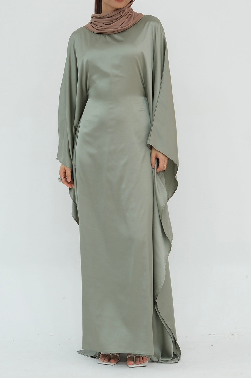 Isra Satin Batwing Butterfly Sleeves Kaftan Maxi Dress Abaya 816 -Sage Green