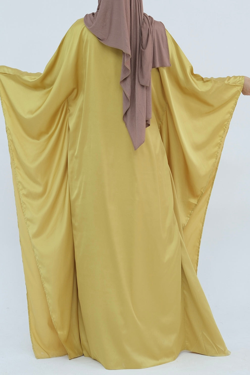 Isra Satin Batwing Butterfly Sleeves Kaftan Maxi Dress Abaya 816-Lemon