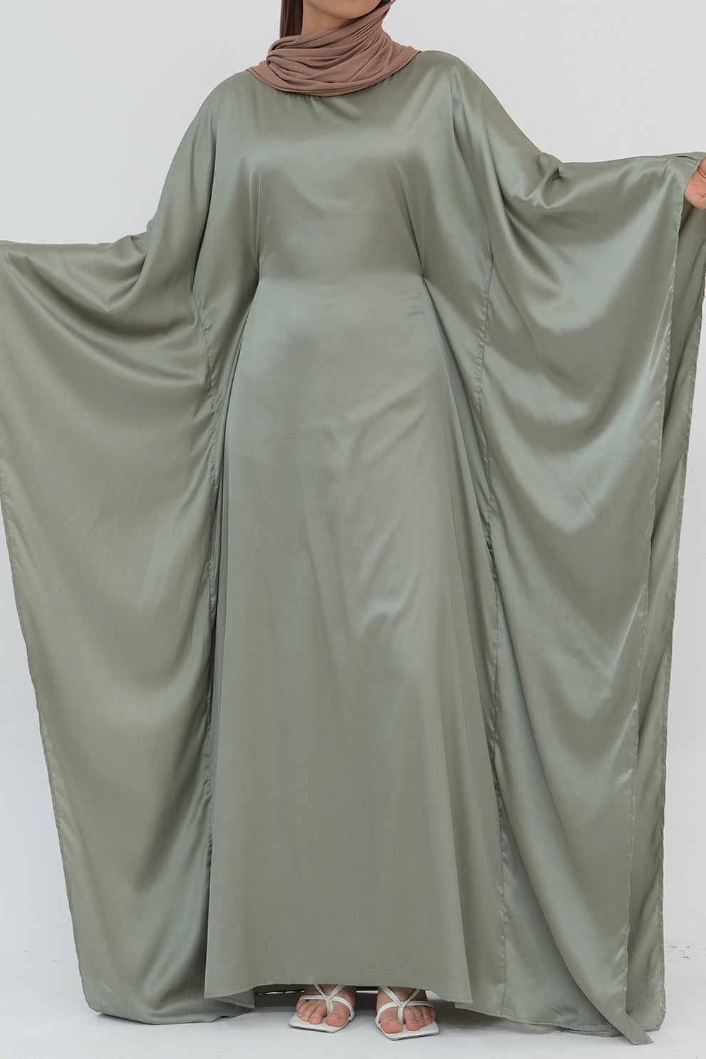 Isra Satin Batwing Butterfly Sleeves Kaftan Maxi Dress Abaya 816 -Sage Green