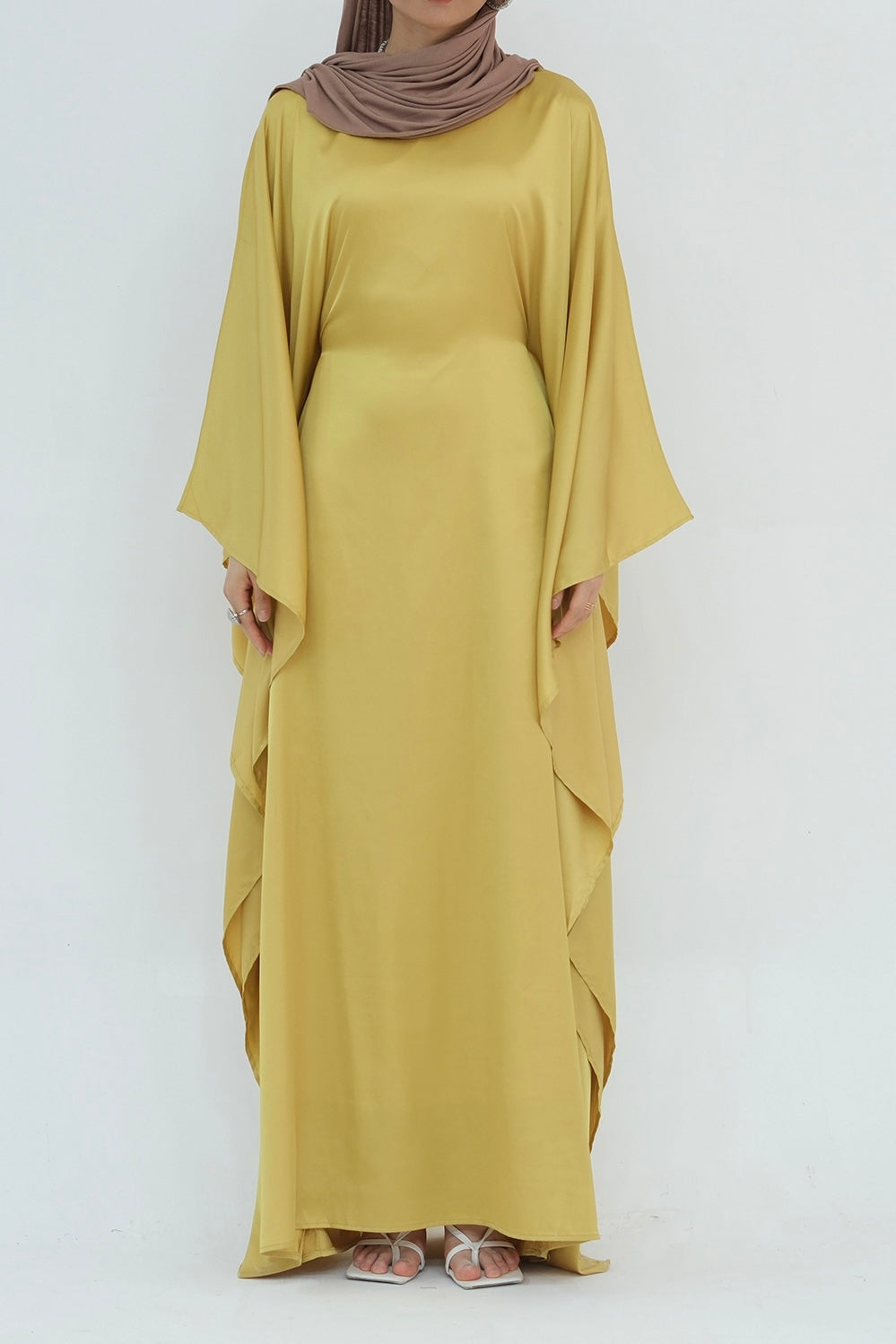 Isra Satin Batwing Butterfly Sleeves Kaftan Maxi Dress Abaya 816-Lemon