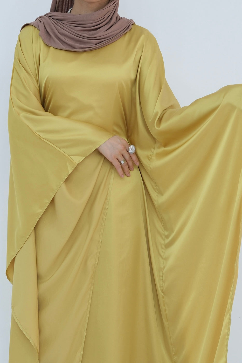 Isra Satin Batwing Butterfly Sleeves Kaftan Maxi Dress Abaya 816-Lemon