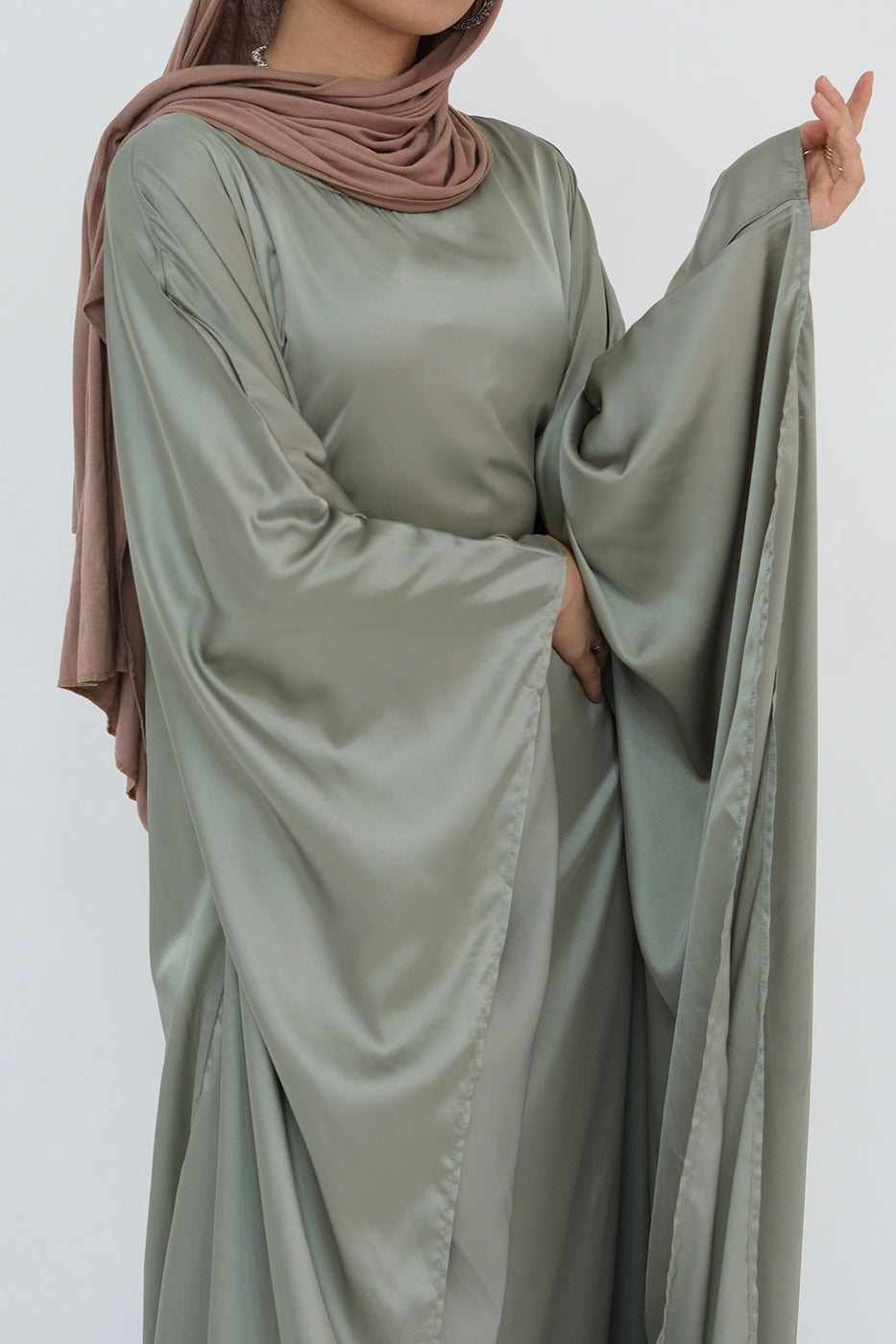 Isra Satin Batwing Butterfly Sleeves Kaftan Maxi Dress Abaya 816 -Sage Green