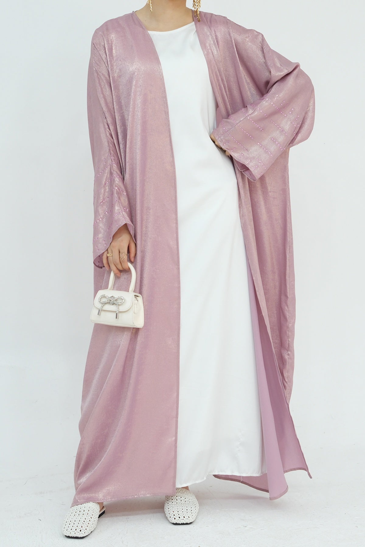 Nadia Metallic Cuff Embellished Open Abaya 817 - Pink