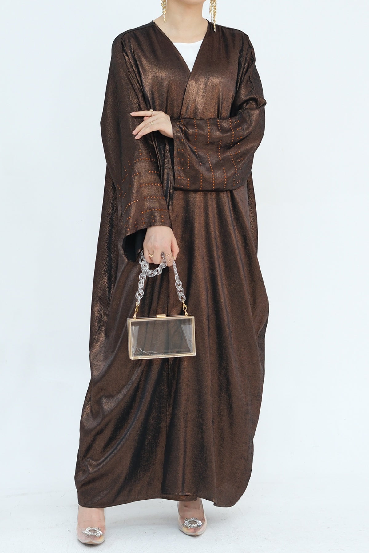 Nadia Metallic Cuff Embellished Open Abaya 817 - Coffee