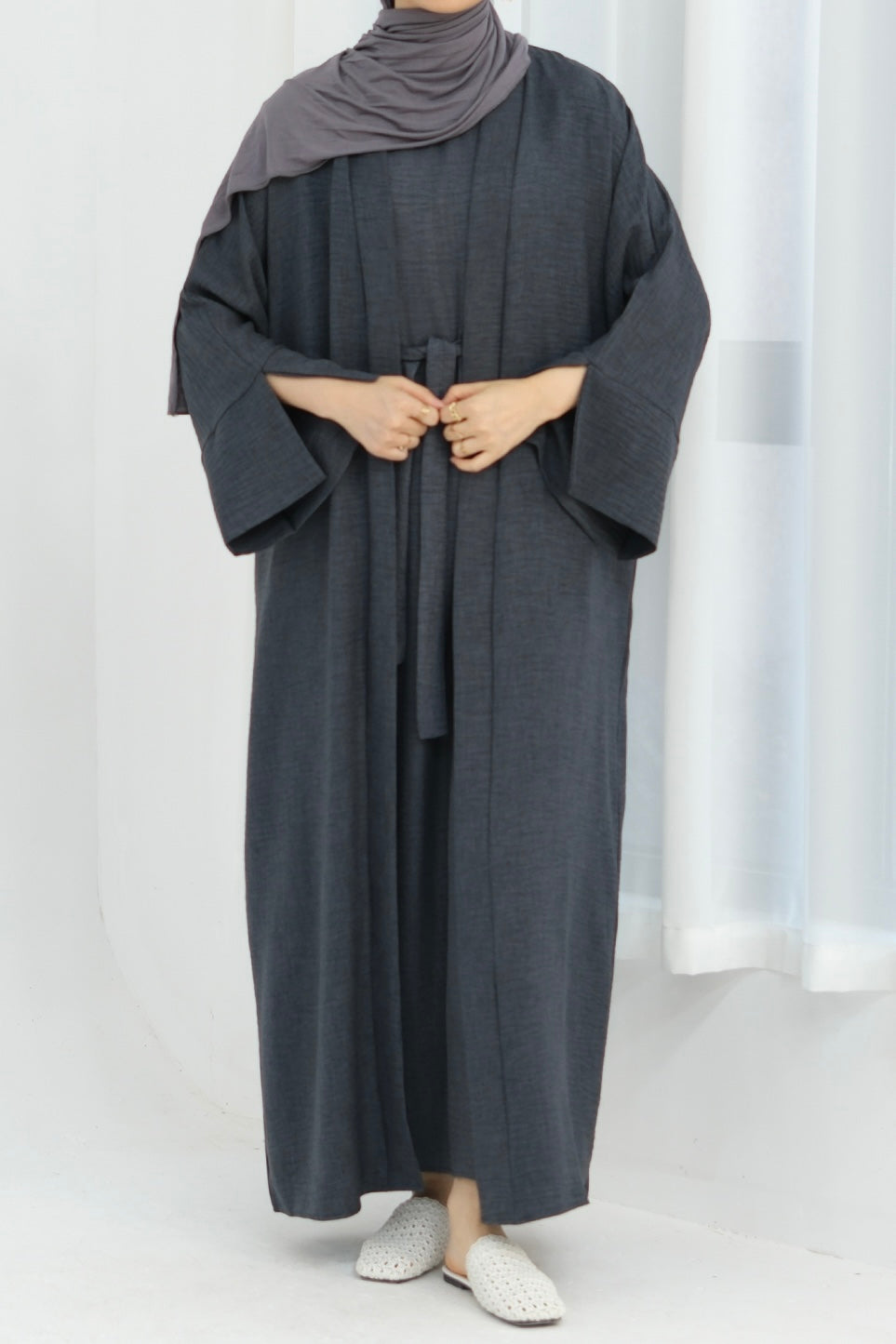 Najwa 2PCS Modest Abaya Set with belt 823 - Dark Gray