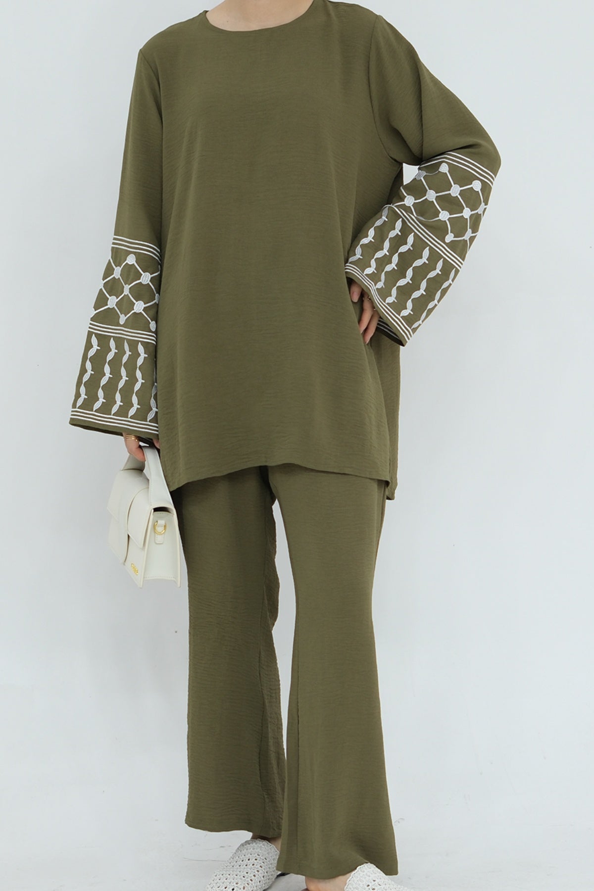 MALIKA Kuffiyeh Embroidered Cuff Top and Pants Abaya Set 836-Army Green