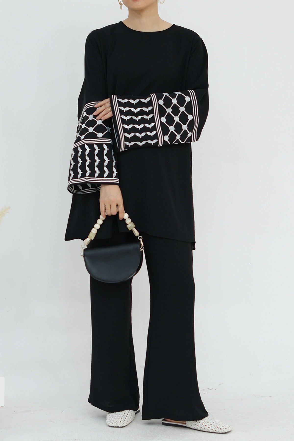 MALIKA Kuffiyeh Embroidered Cuff Top and Pants Abaya Set 836-Black