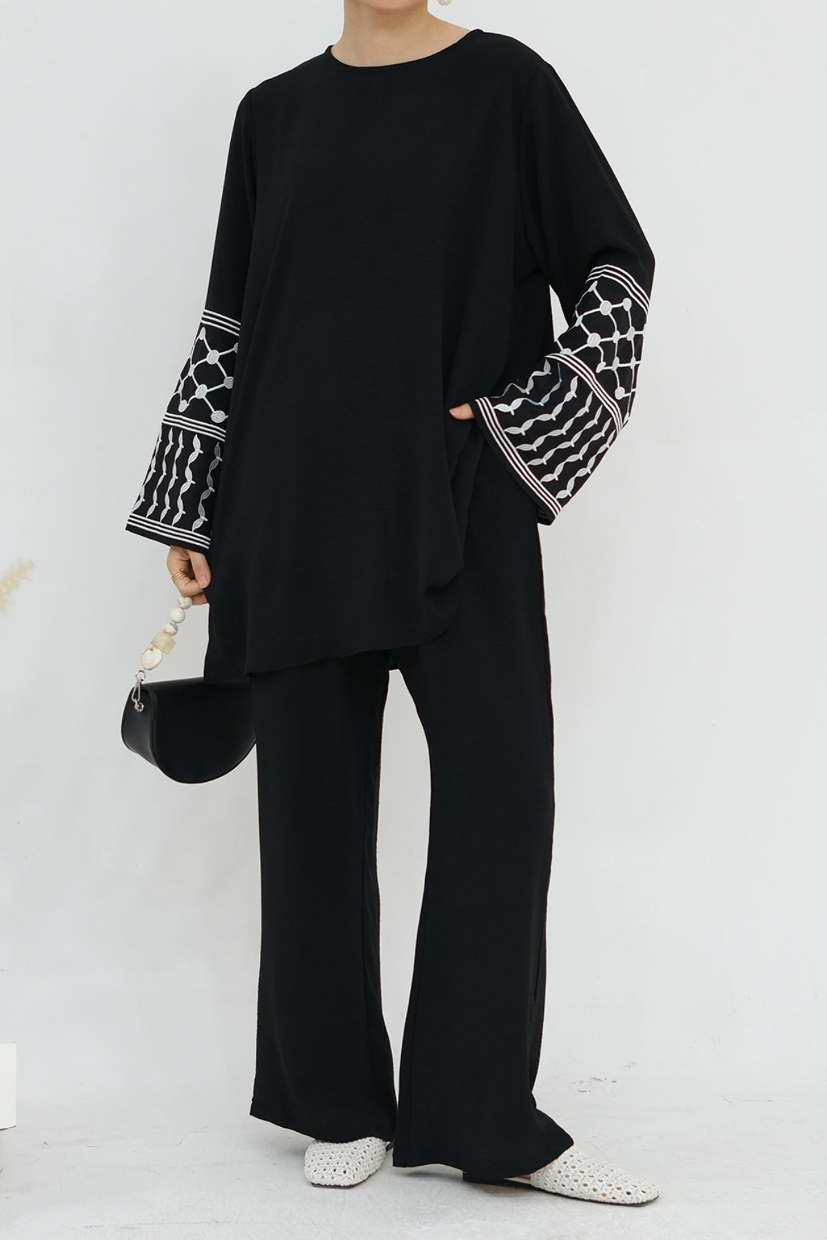 MALIKA Kuffiyeh Embroidered Cuff Top and Pants Abaya Set 836-Black