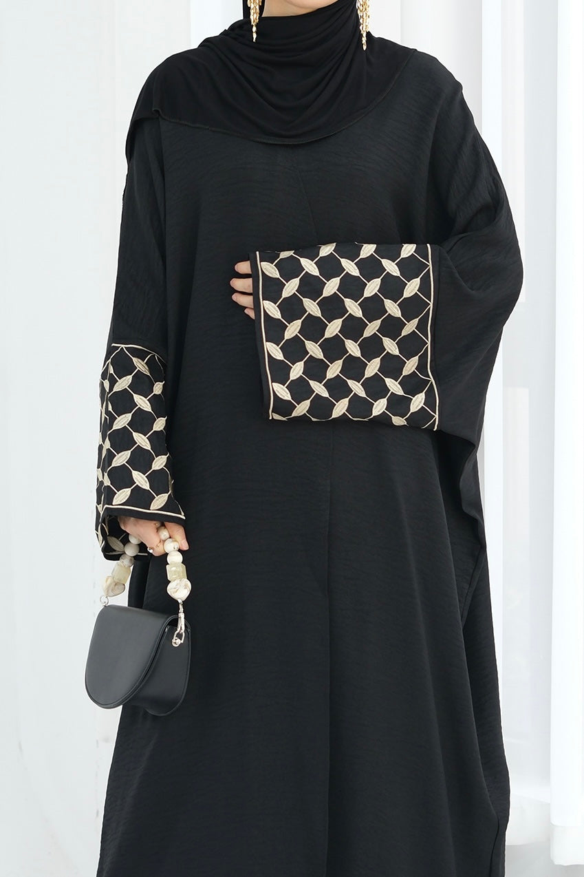 Alice Keffiyeh-Inspired Embroidery Open Abaya 837 - Black