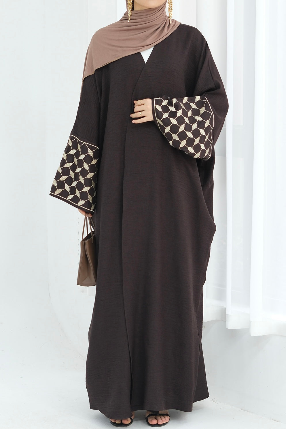 Alice Keffiyeh-Inspired Embroidery Open Abaya 837 - Coffee