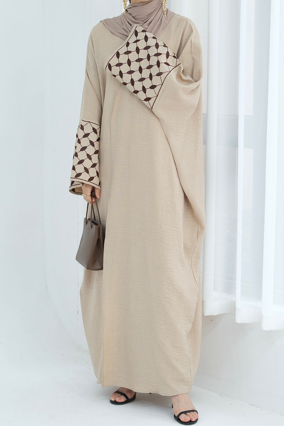 Alice Keffiyeh-Inspired Embroidery Open Abaya 837 - Beige