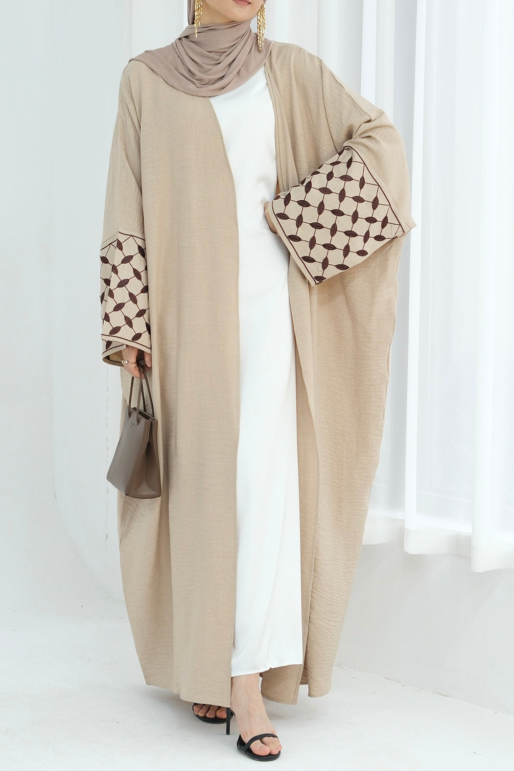 Alice Keffiyeh-Inspired Embroidery Open Abaya 837 - Beige