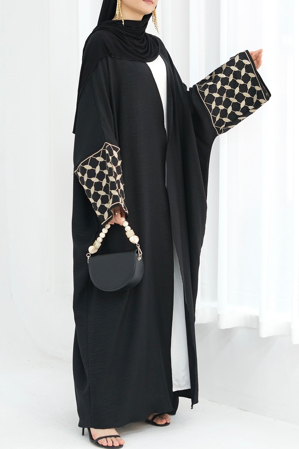 Alice Keffiyeh-Inspired Embroidery Open Abaya 837 - Black