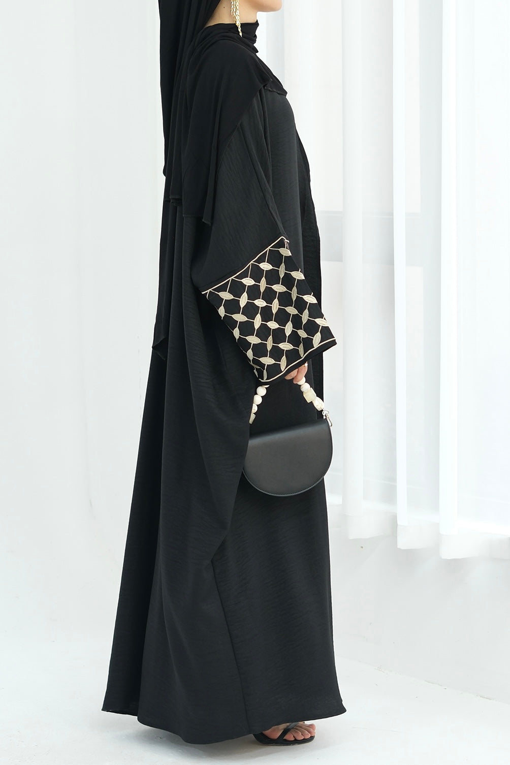 Alice Keffiyeh-Inspired Embroidery Open Abaya 837 - Black