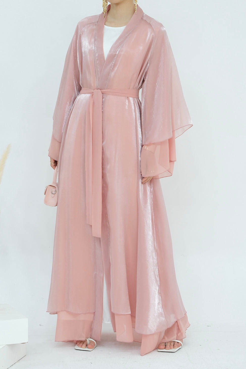 Camille Elegant Shimmering Overlay Open Abaya  839 - Pink