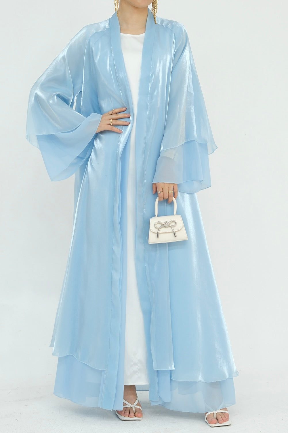 Camille Elegant Shimmering Overlay Open Abaya 839 - Light Blue