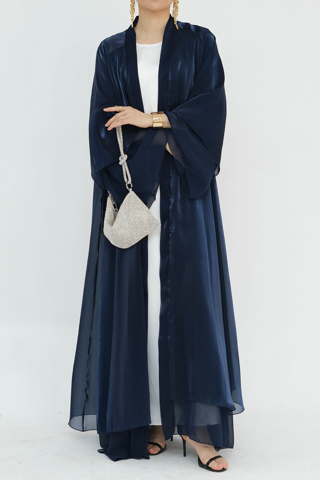 Camille Elegant Shimmering Overlay Open Abaya 839 - Navy Blue