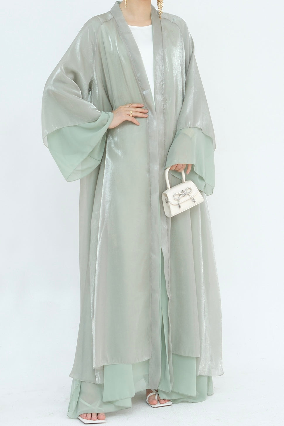 Camille Elegant Shimmering Overlay Open Abaya 839- Sage Green