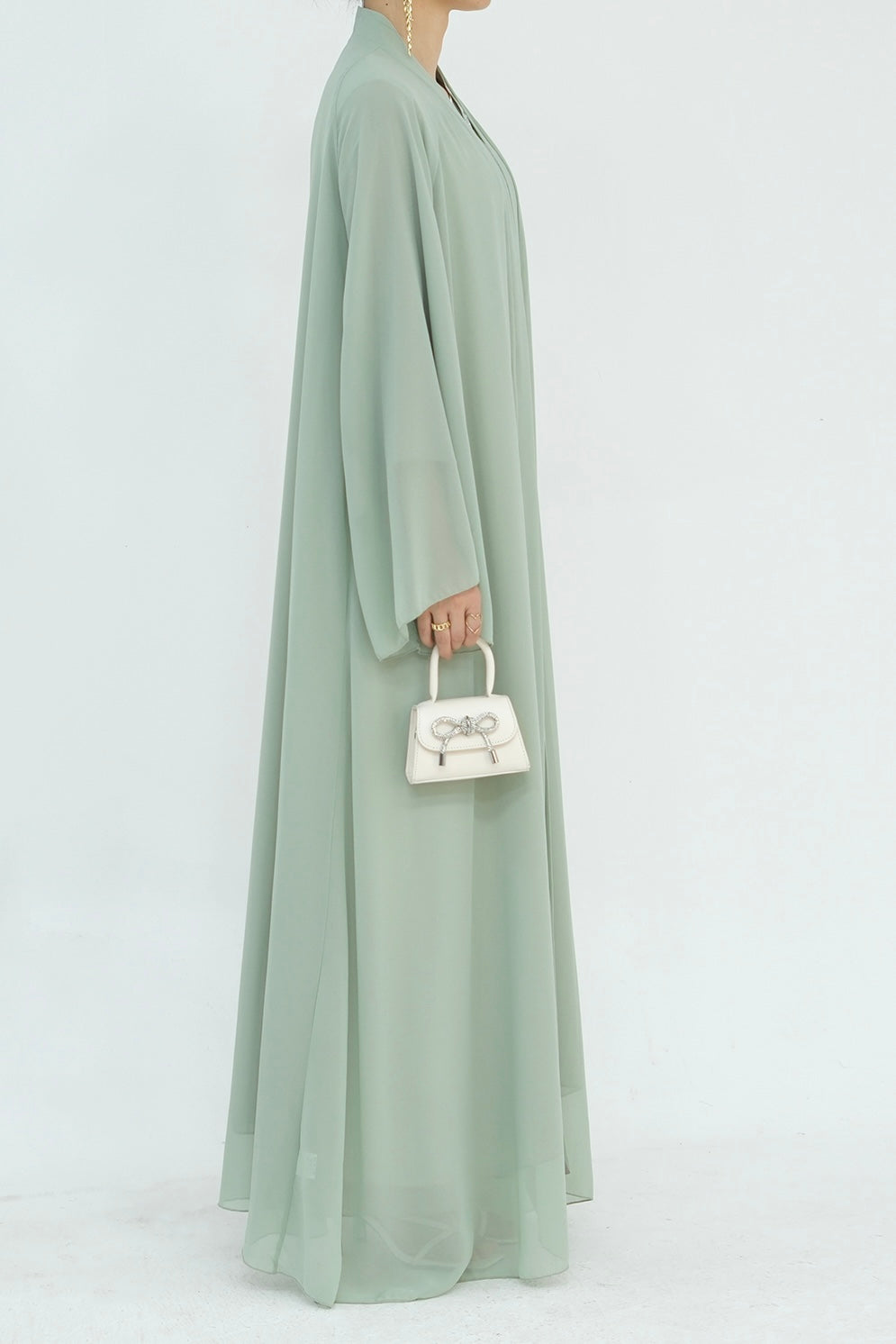 Camille Elegant Shimmering Overlay Open Abaya 839- Sage Green