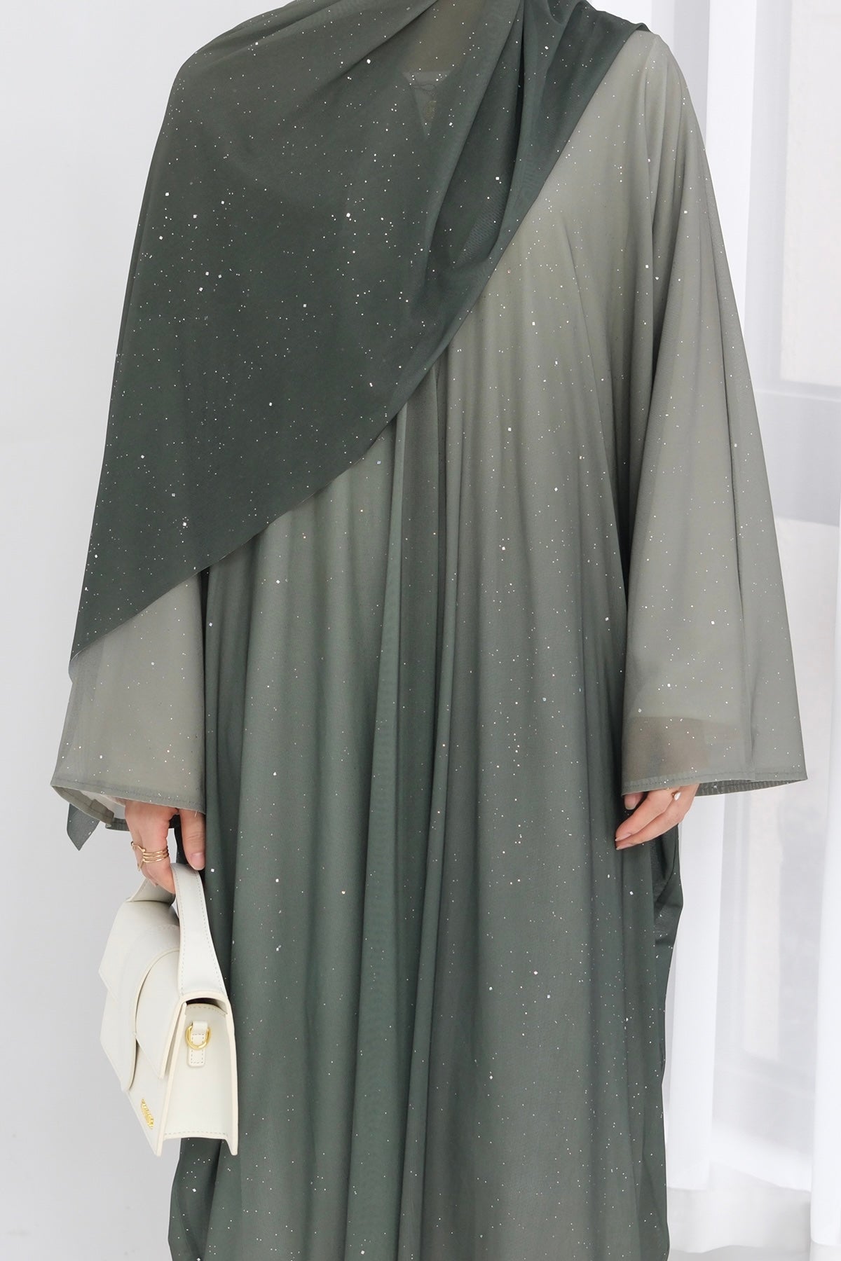 Rida Sparkling Gradient Open Abaya with hijab 840 – Army Green