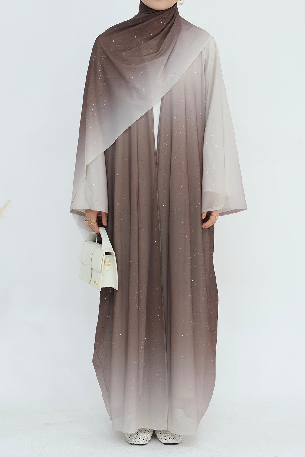 Rida Sparkling Gradient Open Abaya with hijab 840 – Coffee