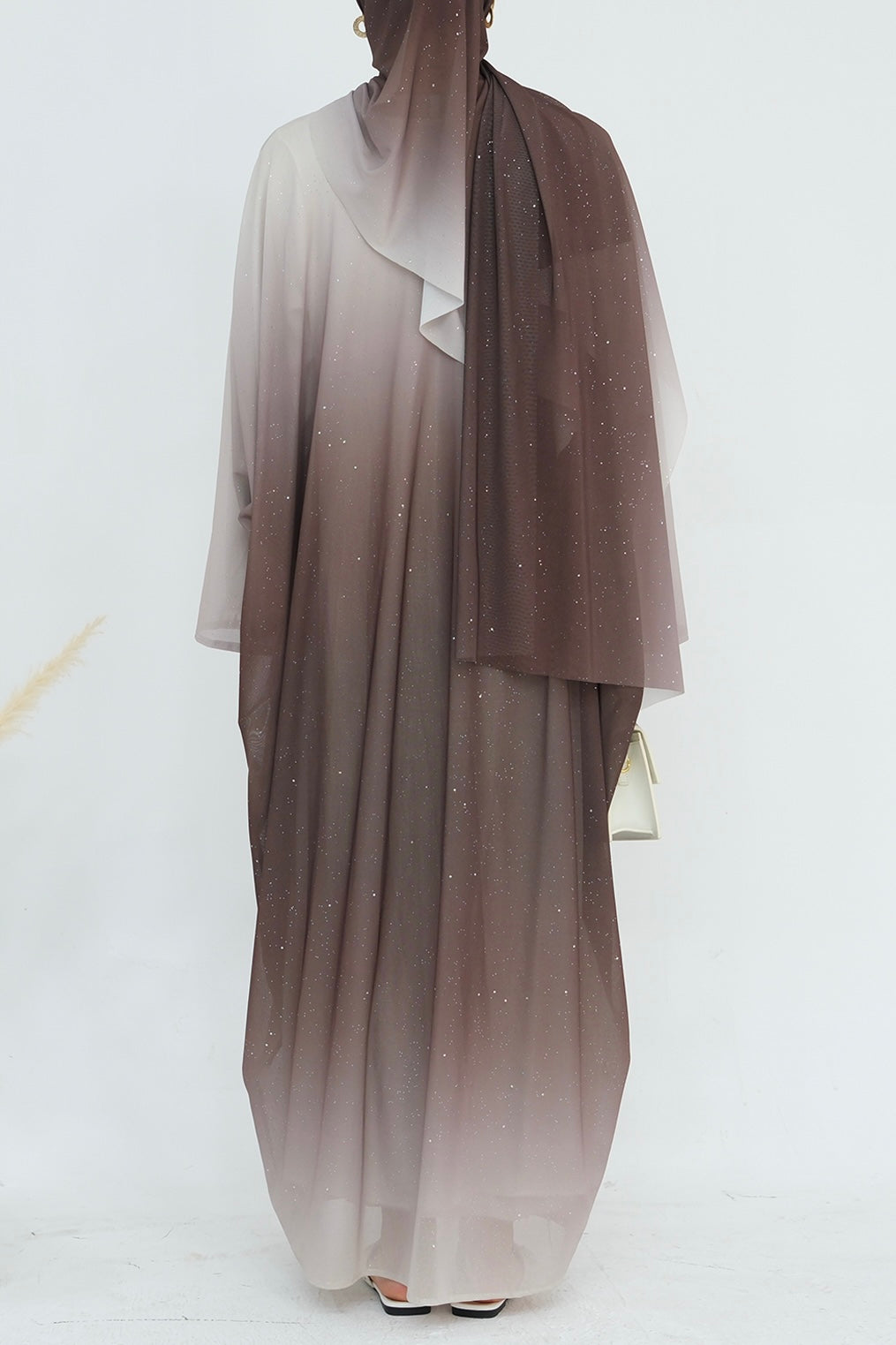 Rida Sparkling Gradient Open Abaya with hijab 840 – Coffee