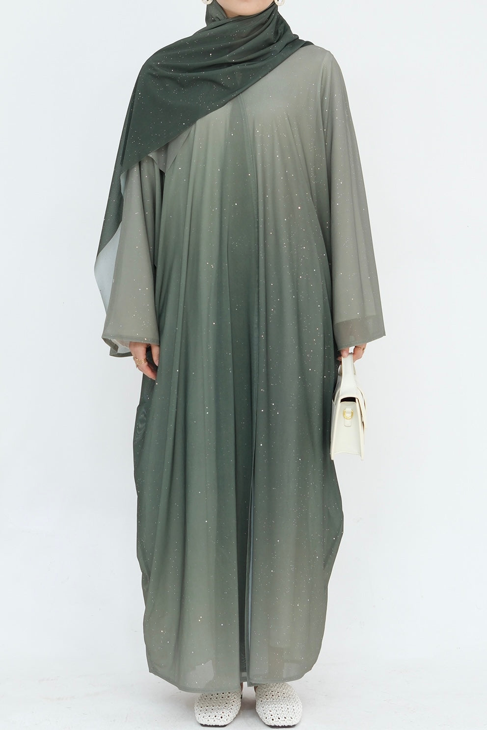 Rida Sparkling Gradient Open Abaya with hijab 840 – Army Green