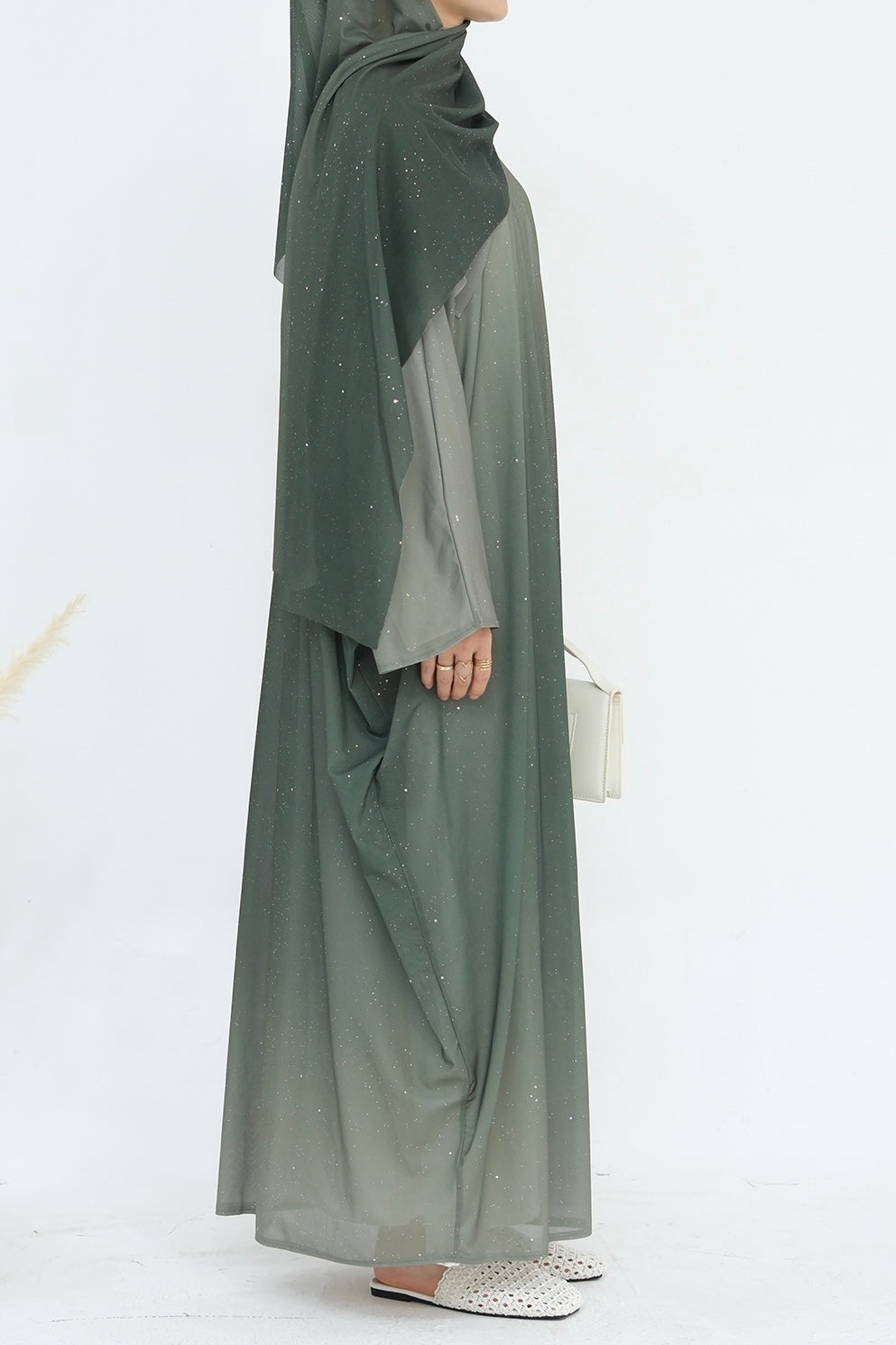 Rida Sparkling Gradient Open Abaya with hijab 840 – Army Green