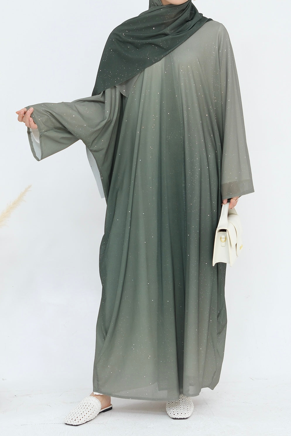 Rida Sparkling Gradient Open Abaya with hijab 840 – Army Green