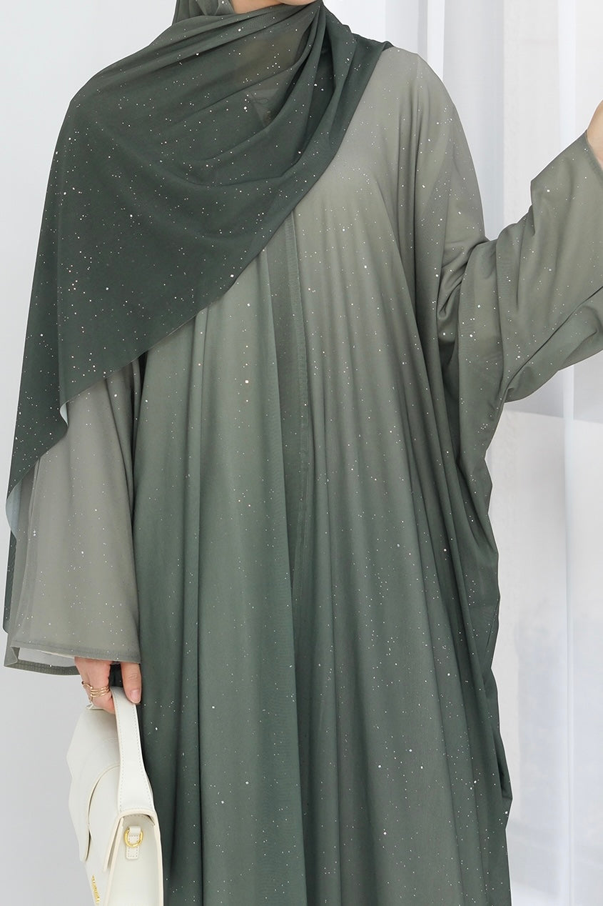 Rida Sparkling Gradient Open Abaya with hijab 840 – Army Green