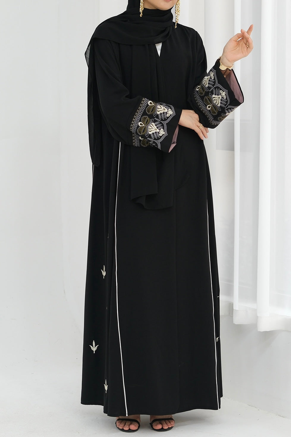 Anisa Intricate Embroidery Open Abaya 843 - Black