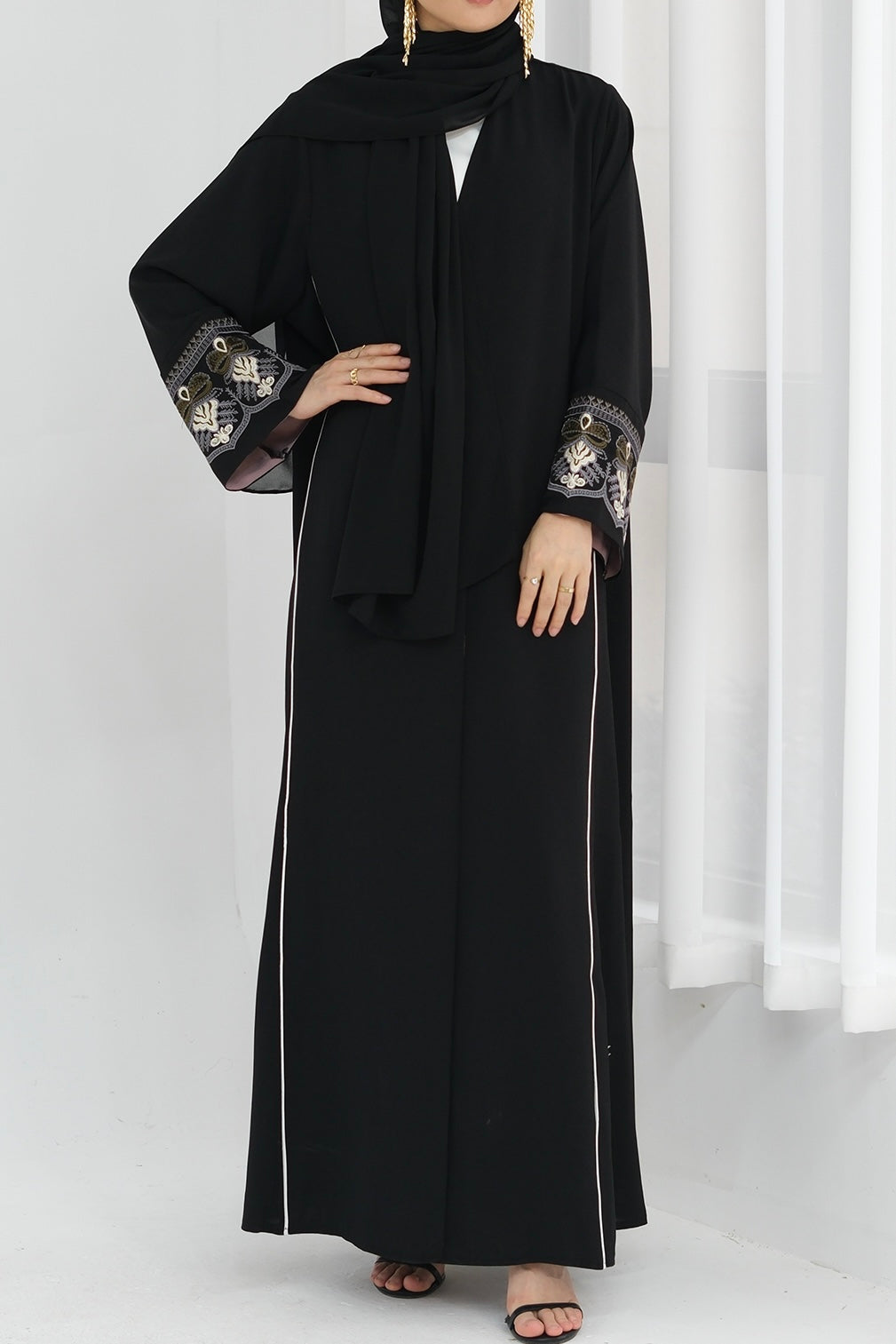 Anisa Intricate Embroidery Open Abaya 843 - Black