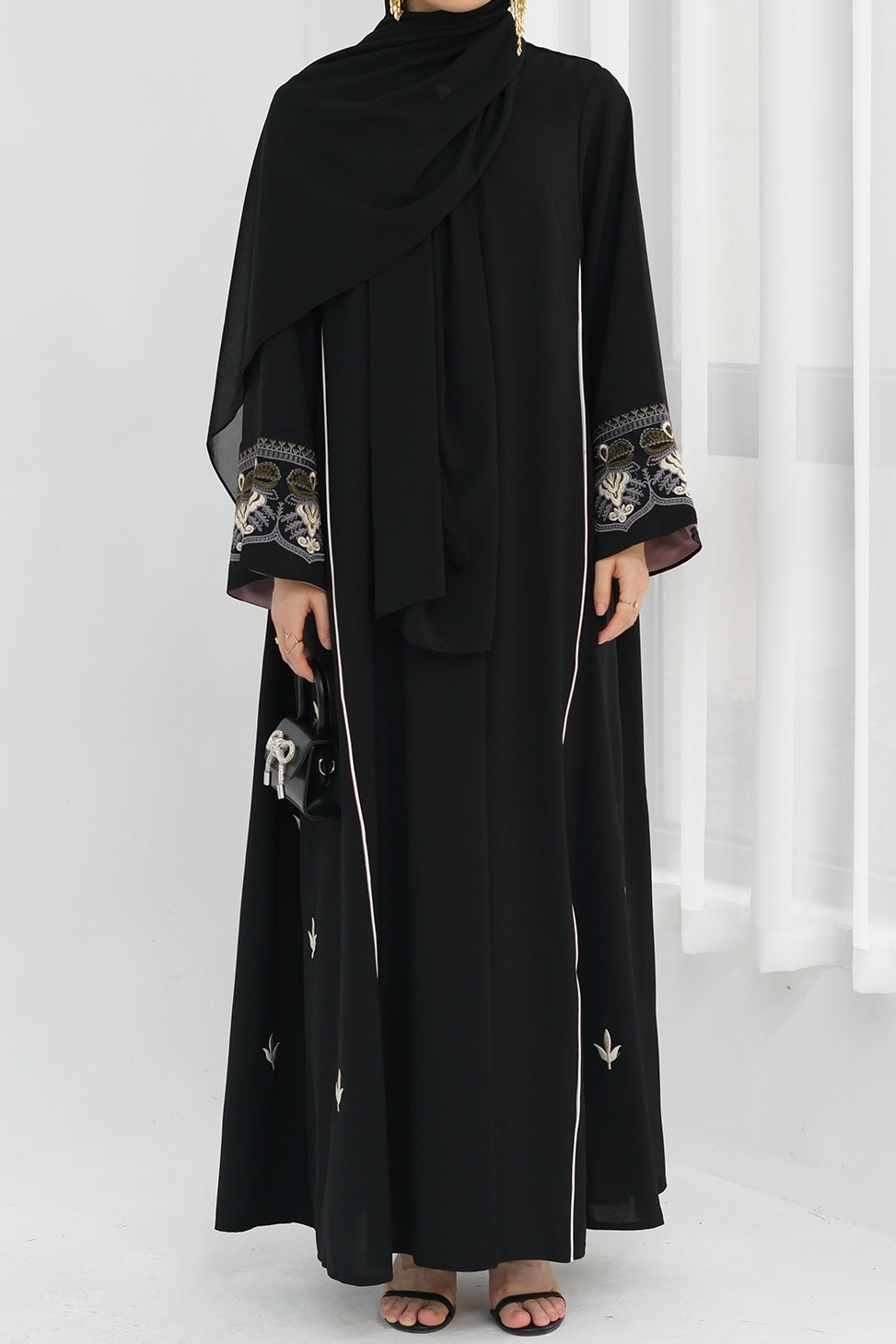 Anisa Intricate Embroidery Open Abaya 843 - Black