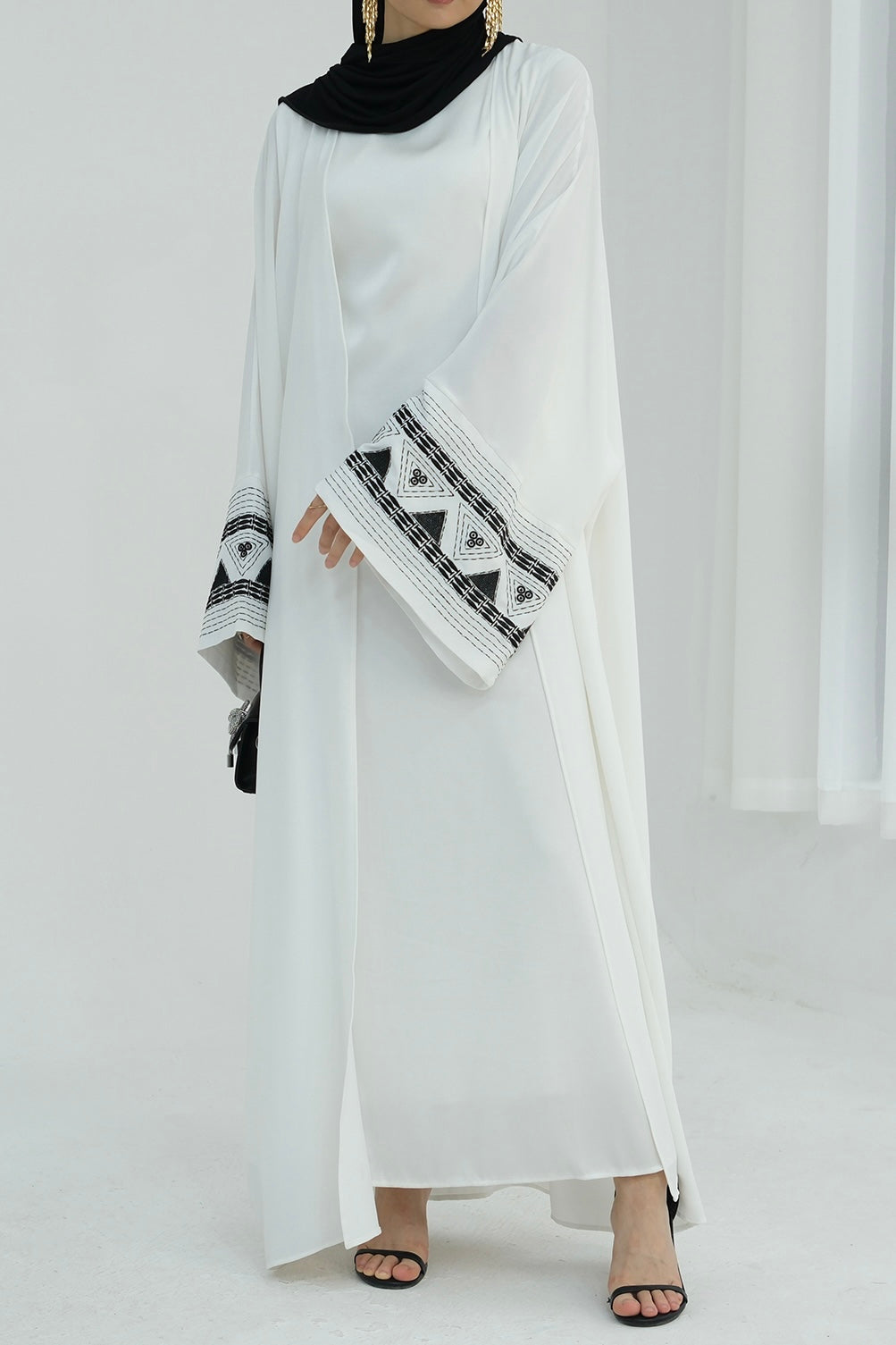 Mariam Intricate Geometric Embroidery Open Abaya 844-White