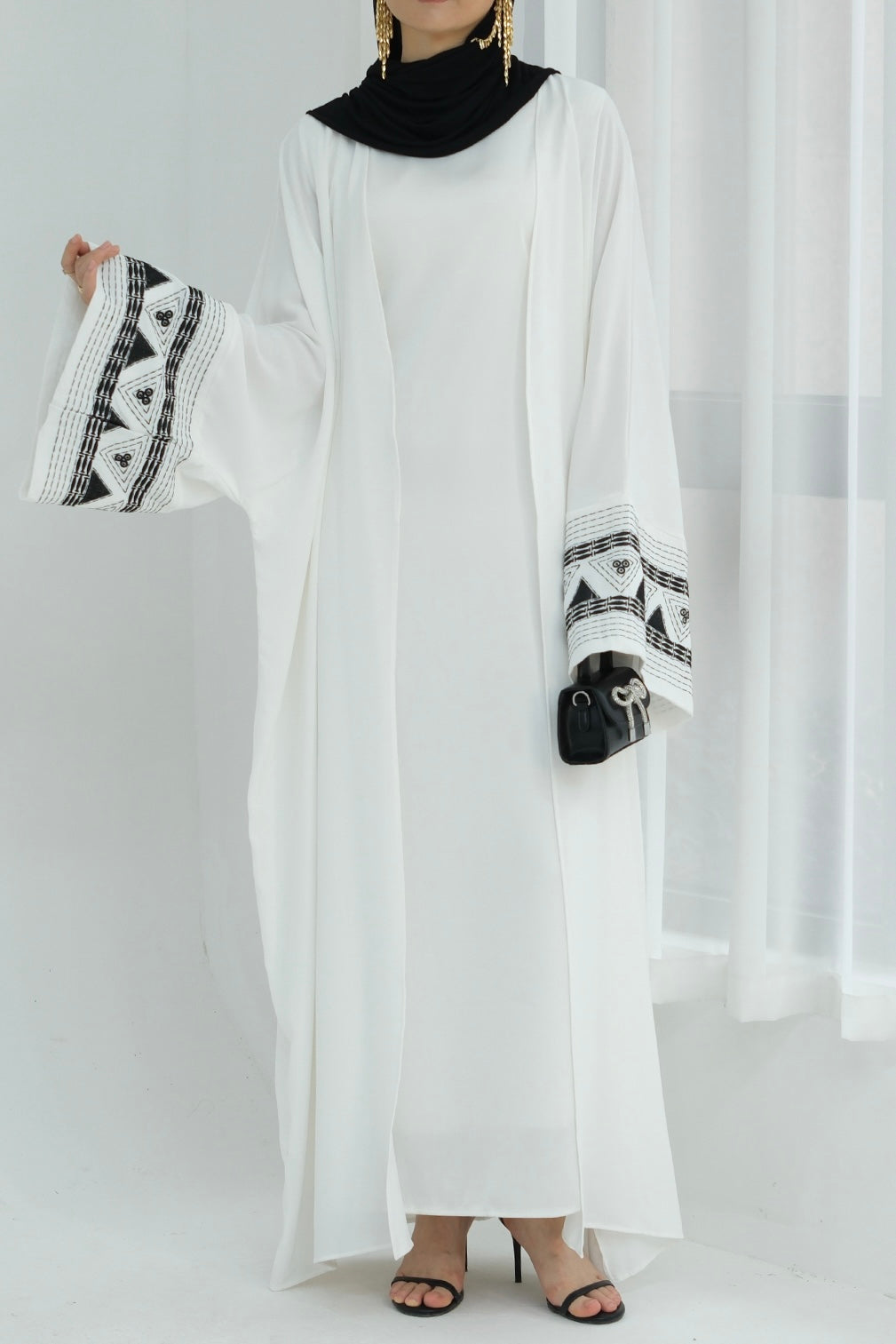 Mariam Intricate Geometric Embroidery Open Abaya 844-White