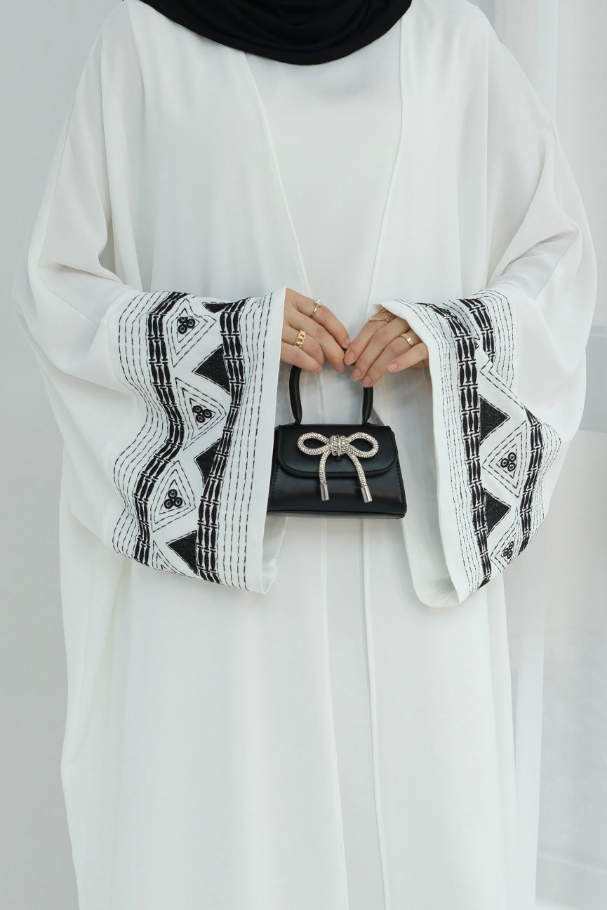 Mariam Intricate Geometric Embroidery Open Abaya 844-White