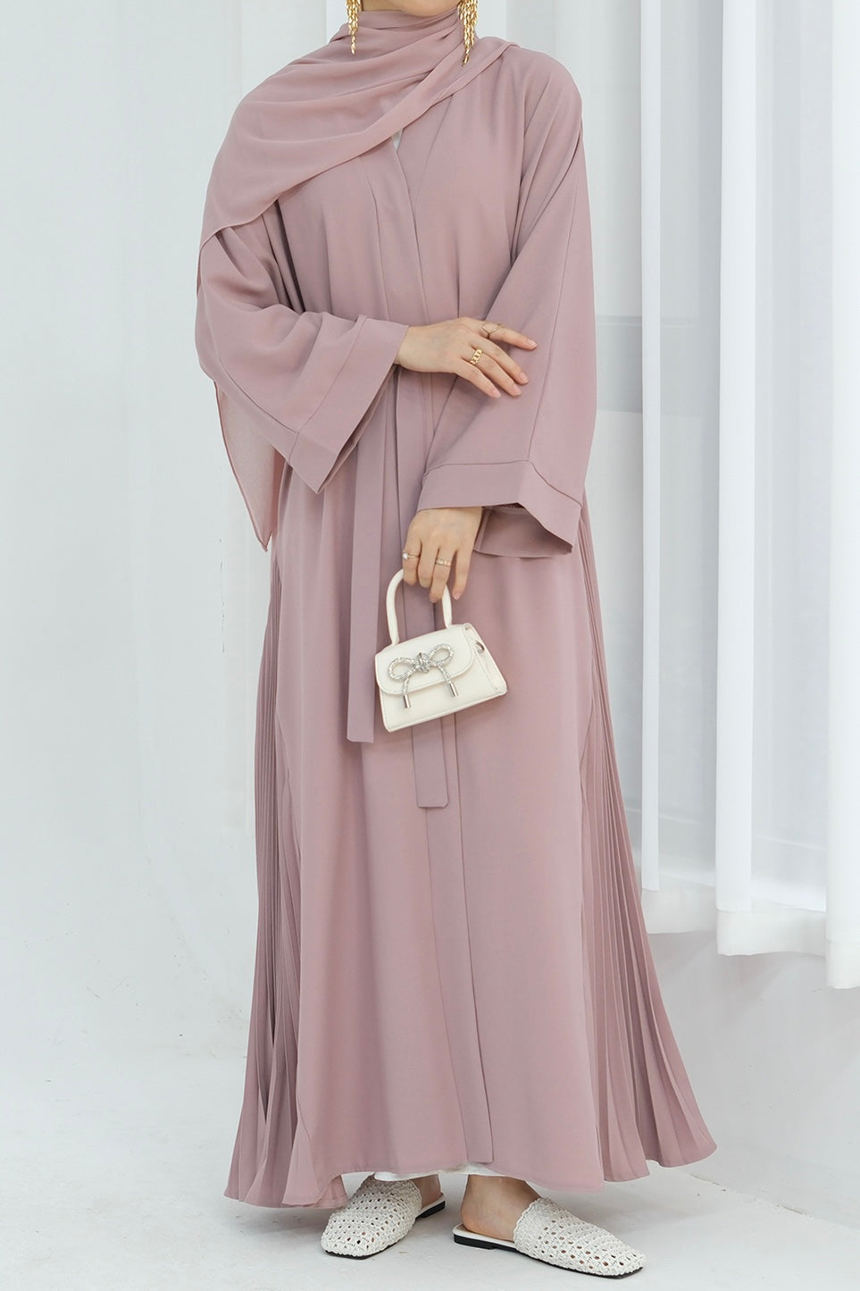 Haniya Pleated Design Open Abaya 850 - Pink