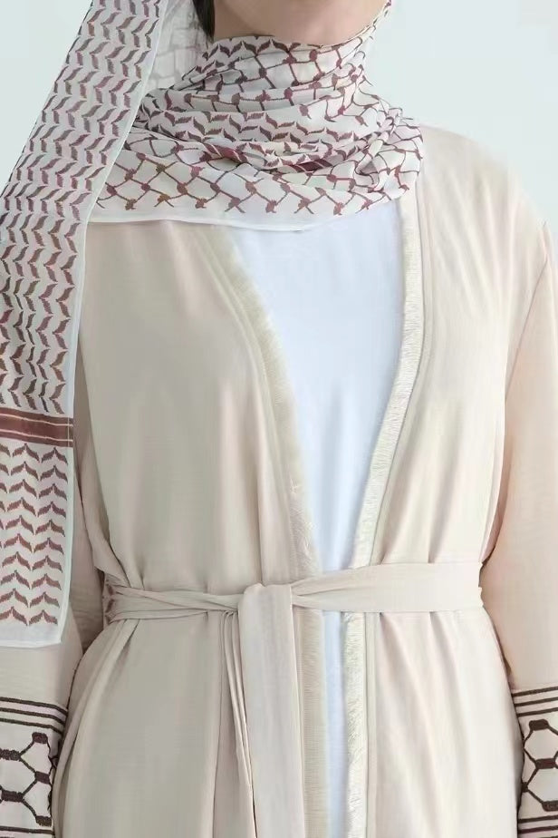 Karina Keffiyeh Inspired Fringed Peace Dove Pattern Embroidery Modest Open Abaya with belt 763 - Beige - Meliza