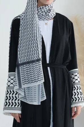 Karina Keffiyeh Inspired Fringed Peace Dove Pattern Embroidery Modest Open Abaya with belt 763 - Black - Meliza