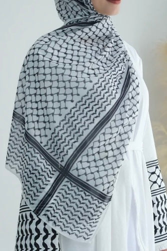 Karina Keffiyeh Inspired Fringed Peace Dove Pattern Embroidery Modest Open Abaya with belt 763 - White - Meliza