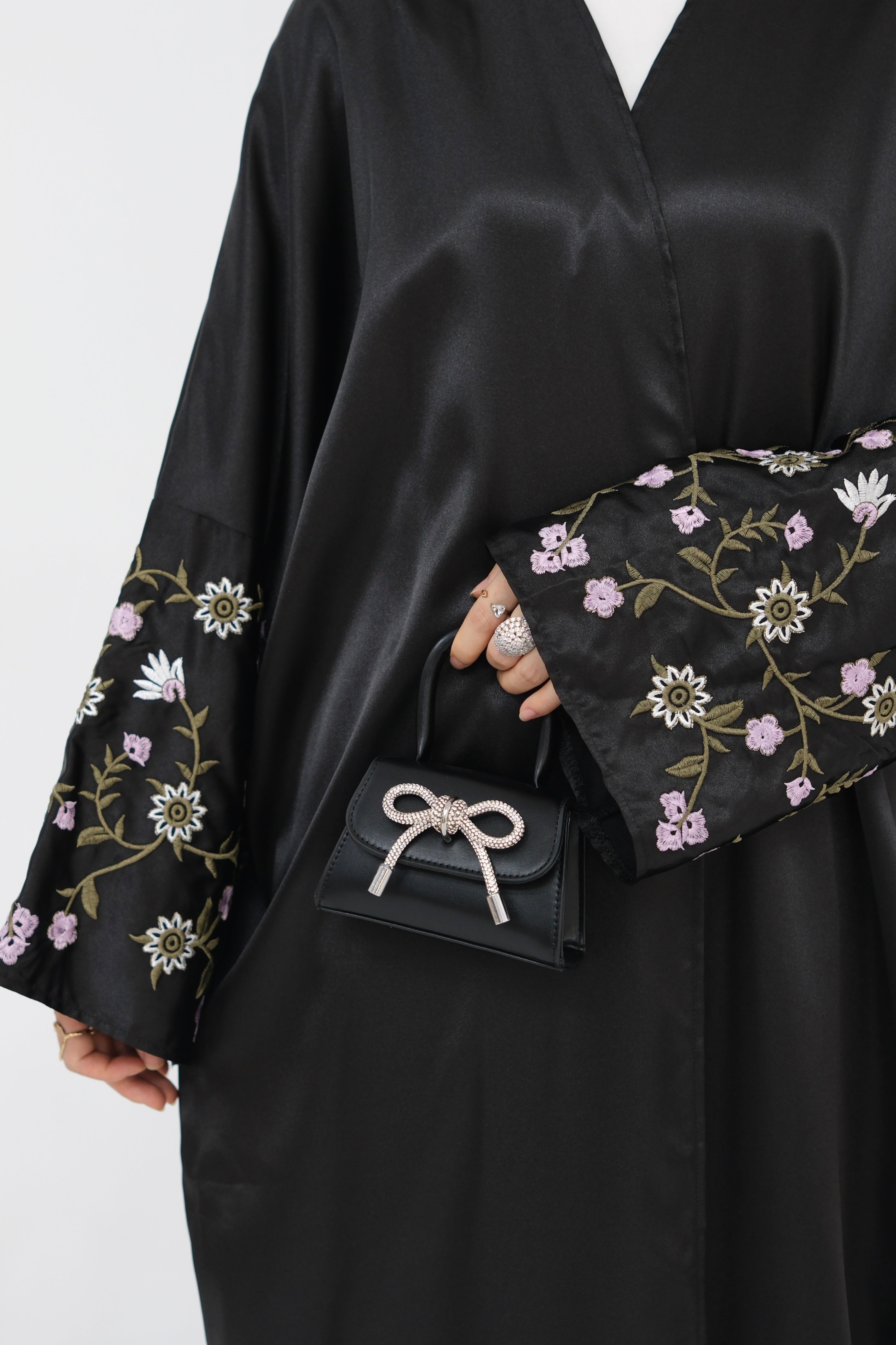 Alisha Flower Pattern Embroidery Modest Open Abaya 827- Black